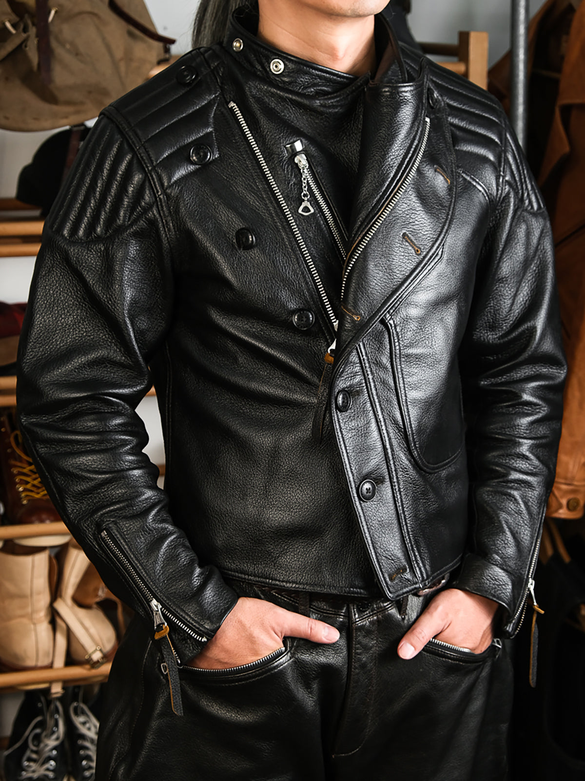 Goatskin-Motorcycle-leather-Jacket-Black-model-picture-5