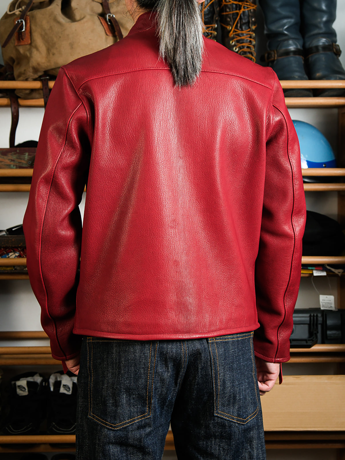 Goatskin-coffee-racing-jacket-red-model-back