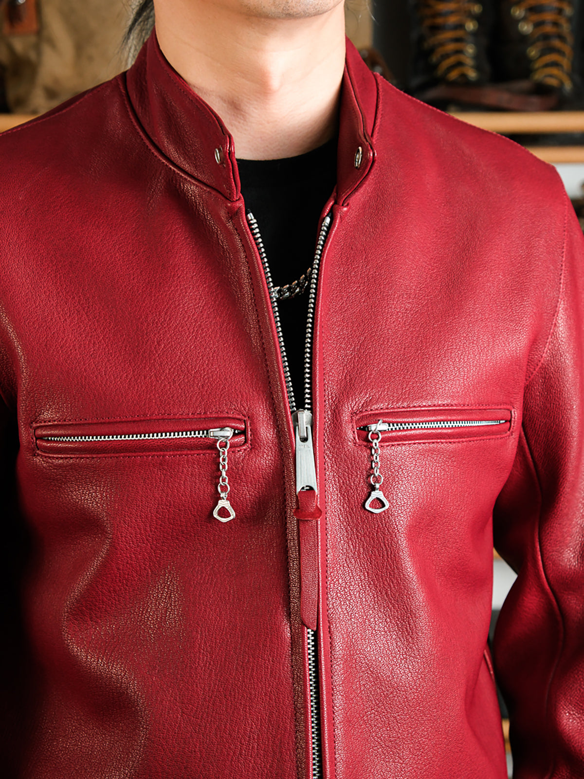 Goatskin-leather-coffee-racer-jacket_-red_-front-view-details.