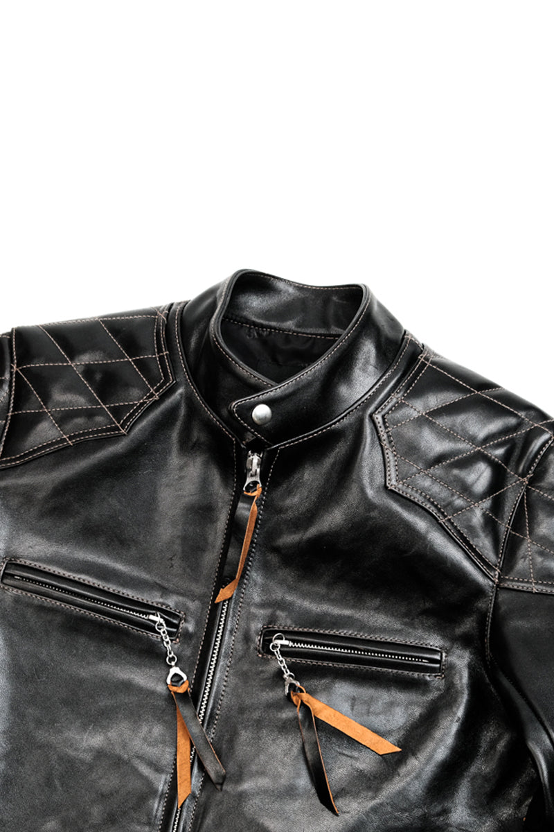 J100 Quilted Cafe Racer Leather Jacket with Horseskin Details