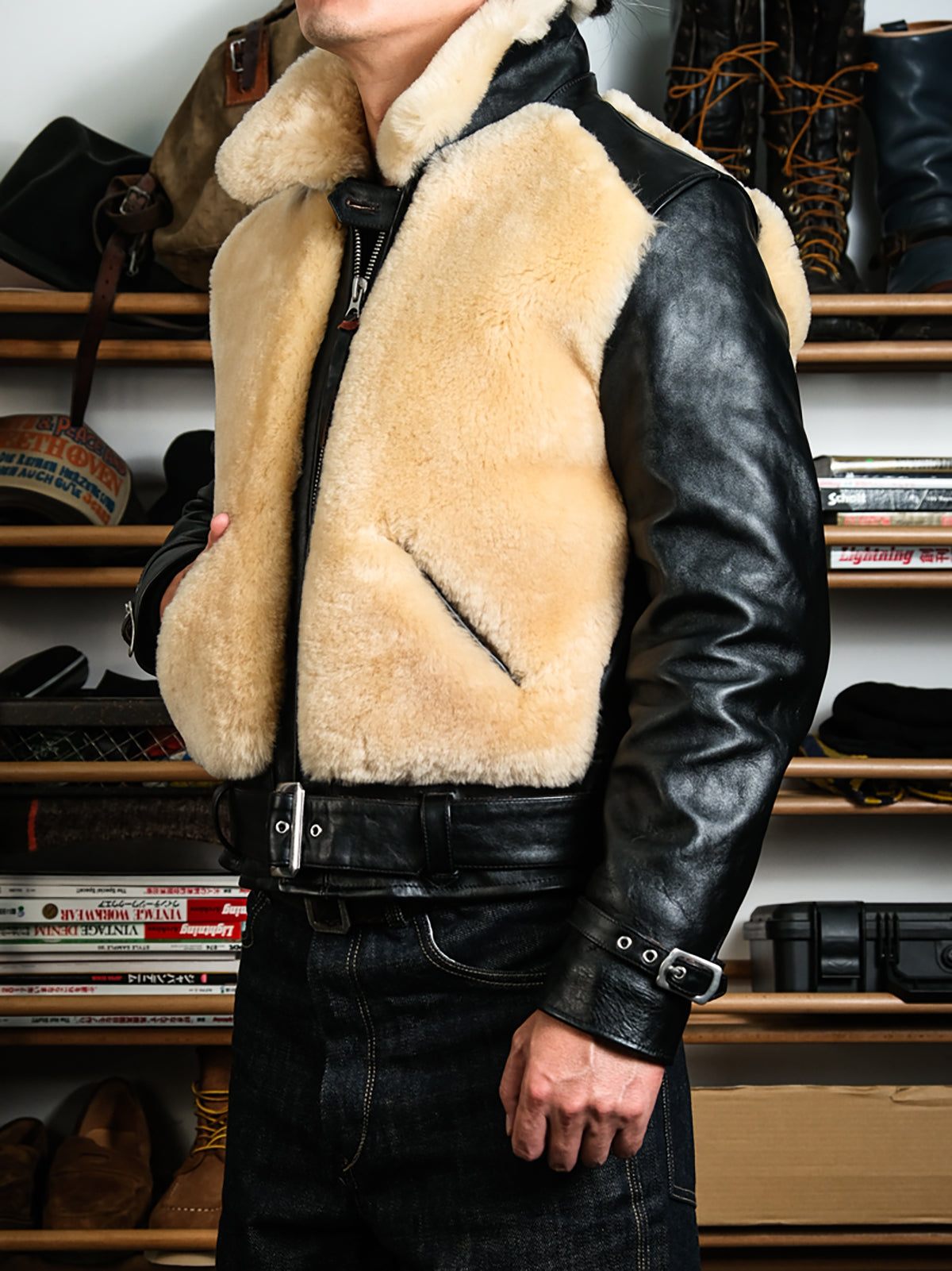 Shearling-Grizzly-Jacket-Beige-Model-side-view