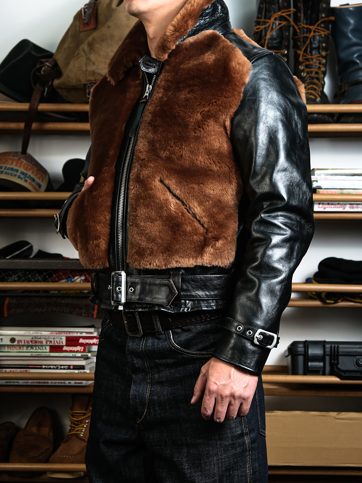Shearling-Grizzly-Jacket-Brown-Model-Side-View