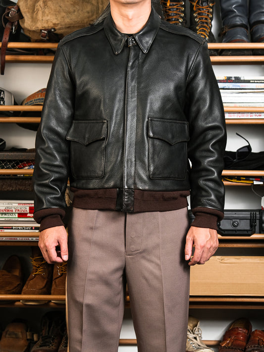 Vintage-goatskin-A2-bomber-jacket-zipper-closure-display