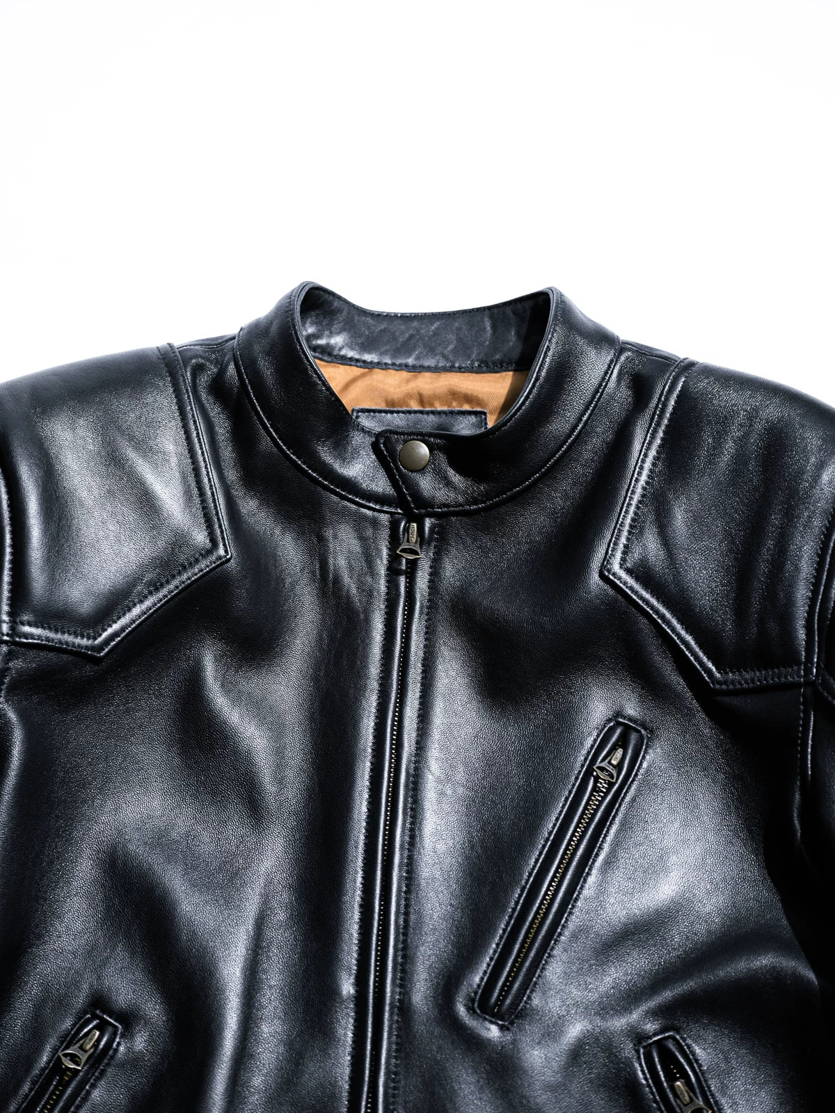 BRIXTON black jacket collar and stand with light camel lining, studio shot