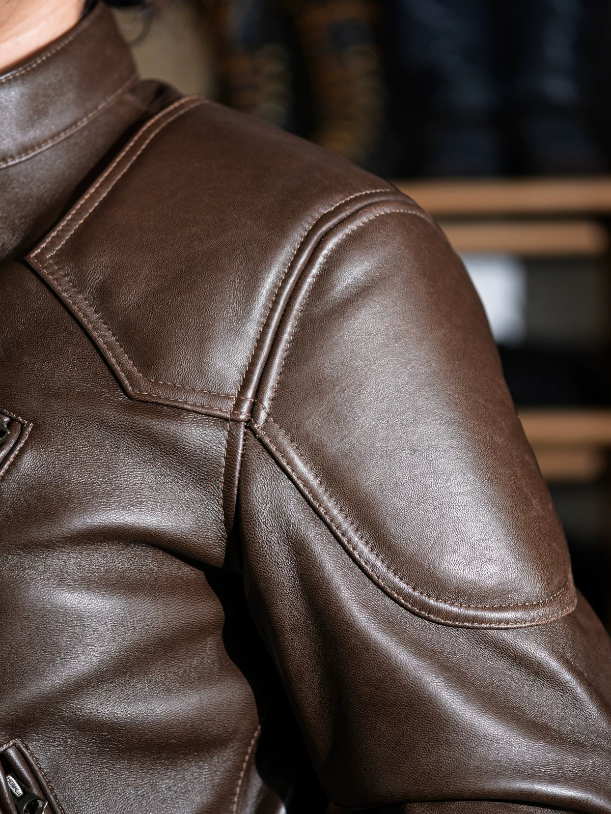 BRIXTON brown jacket shoulder and collar detail with reinforced panels