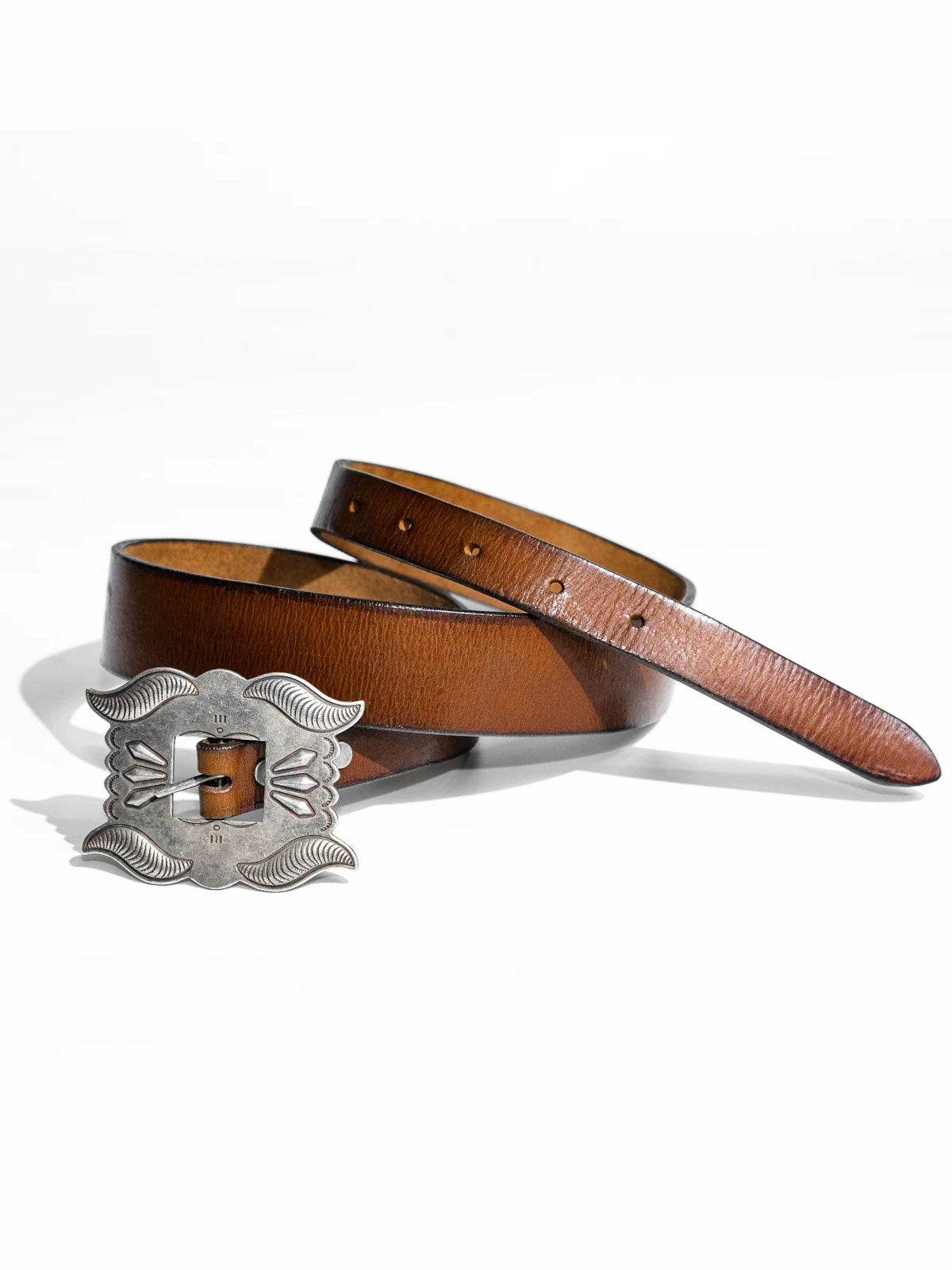 Hand engraved concho cavalry belt - Italian full grain cowhide vintage western belt with silver patina brass buckle