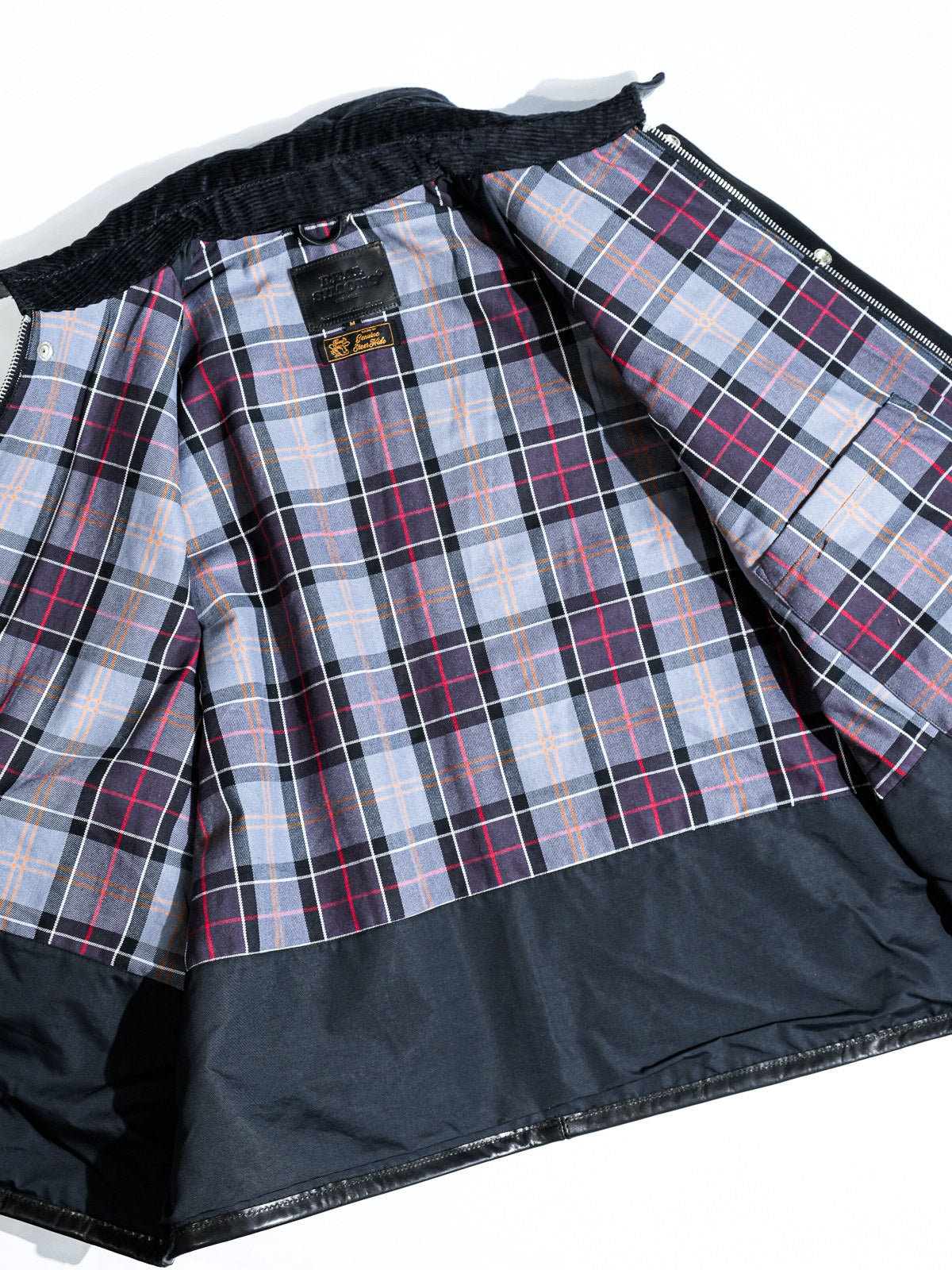 Transport jacket hardware details - MILDEX snap, IDEAL two-way zipper and tartan cotton lining