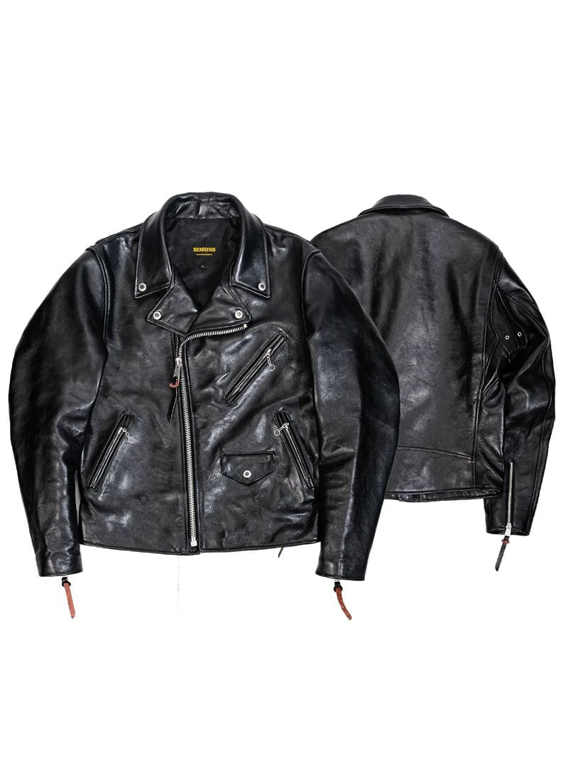 Black urban riders jacket front and back views, studio flat lay