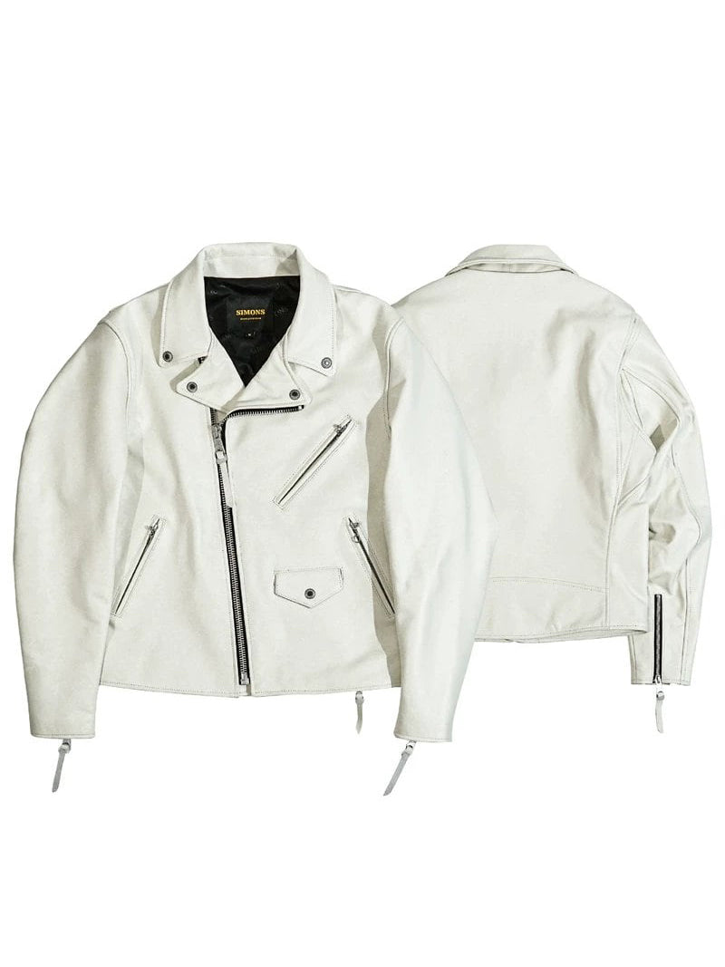White urban riders jacket front and back views, studio flat lay