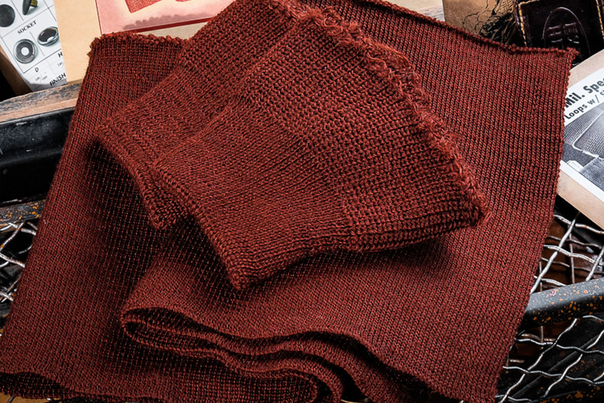 Brick-red first-shear lambswool ribbed hem on the 18775 A-2 horsehide flight jacket