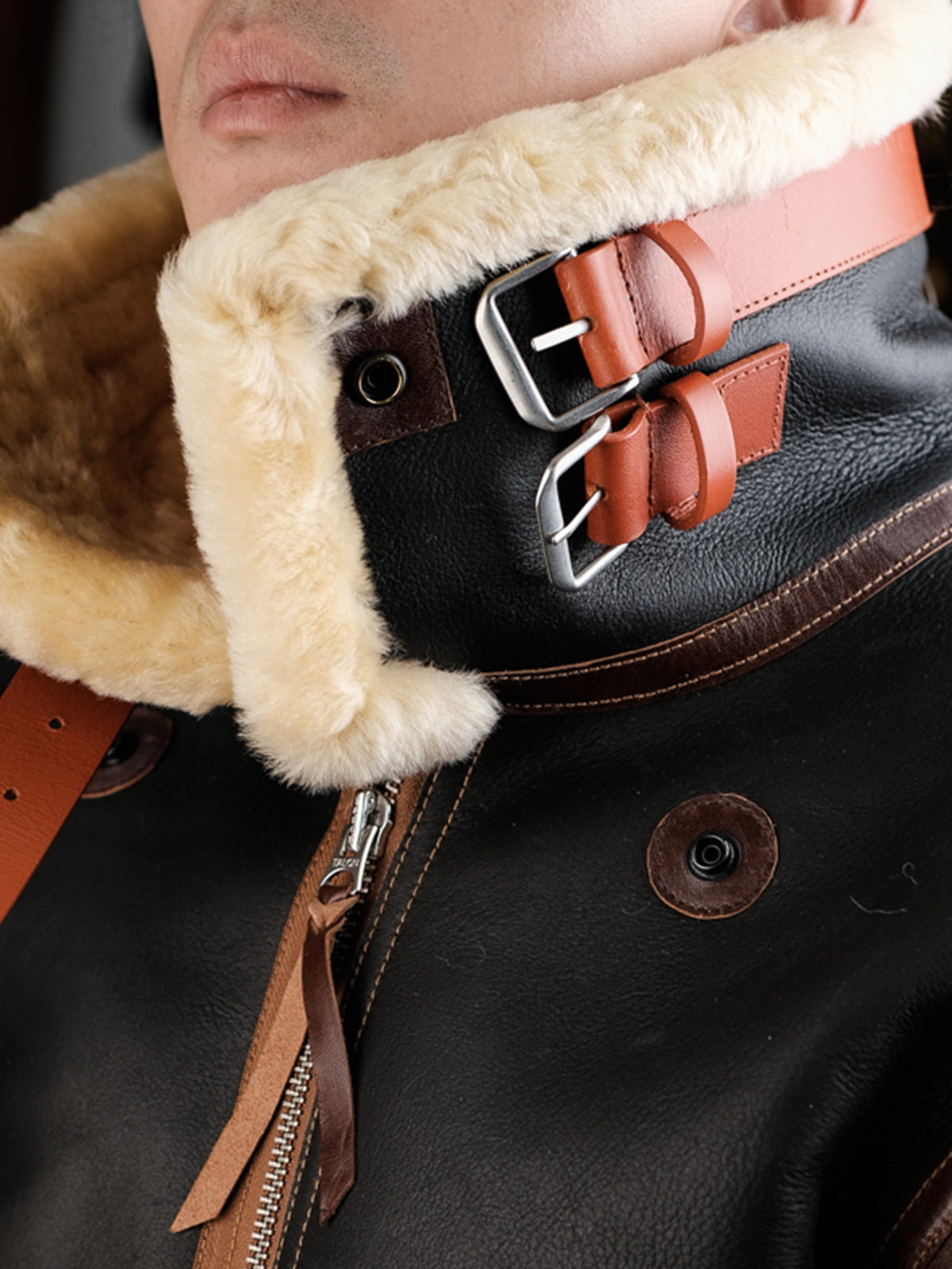 Brown-sheepskin-B3-bomber-jacket-collar-detail