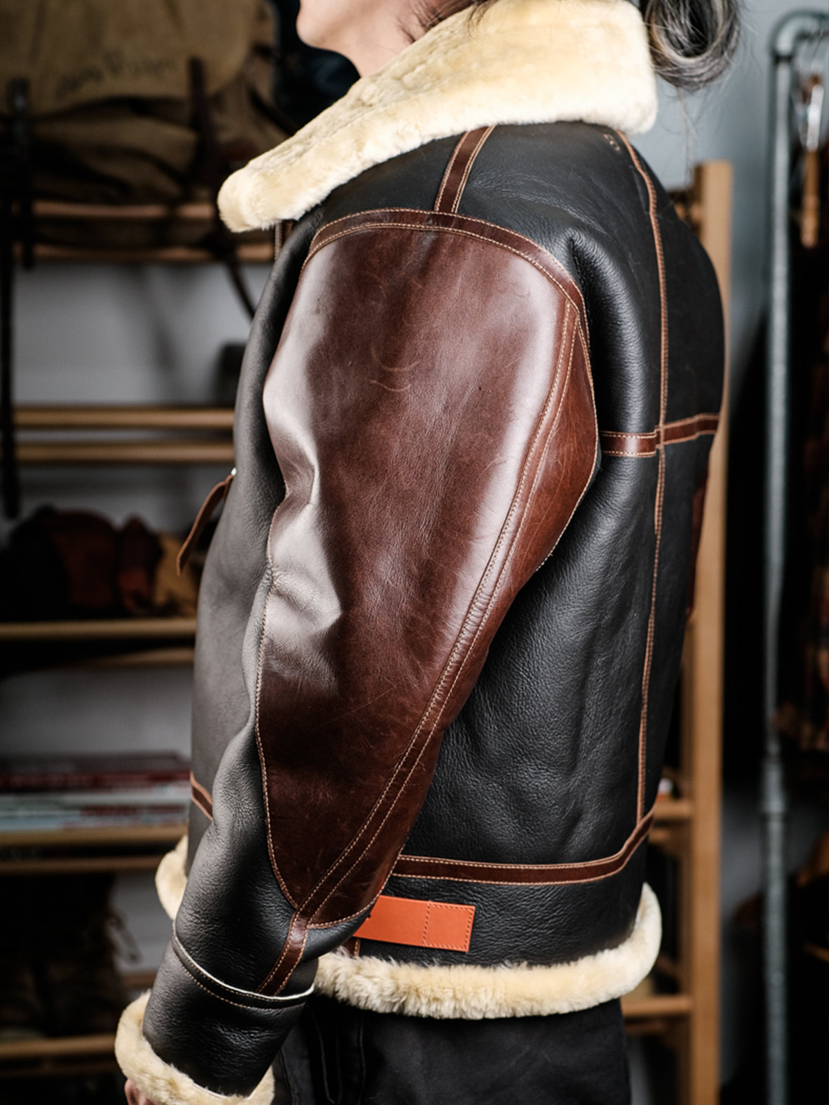 Brown-sheepskin-B3-bomber-jacket-side-view