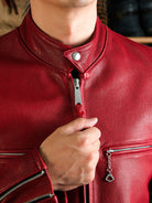 Goatskin-coffee-racing-jacket-with-red-mannequin-collar