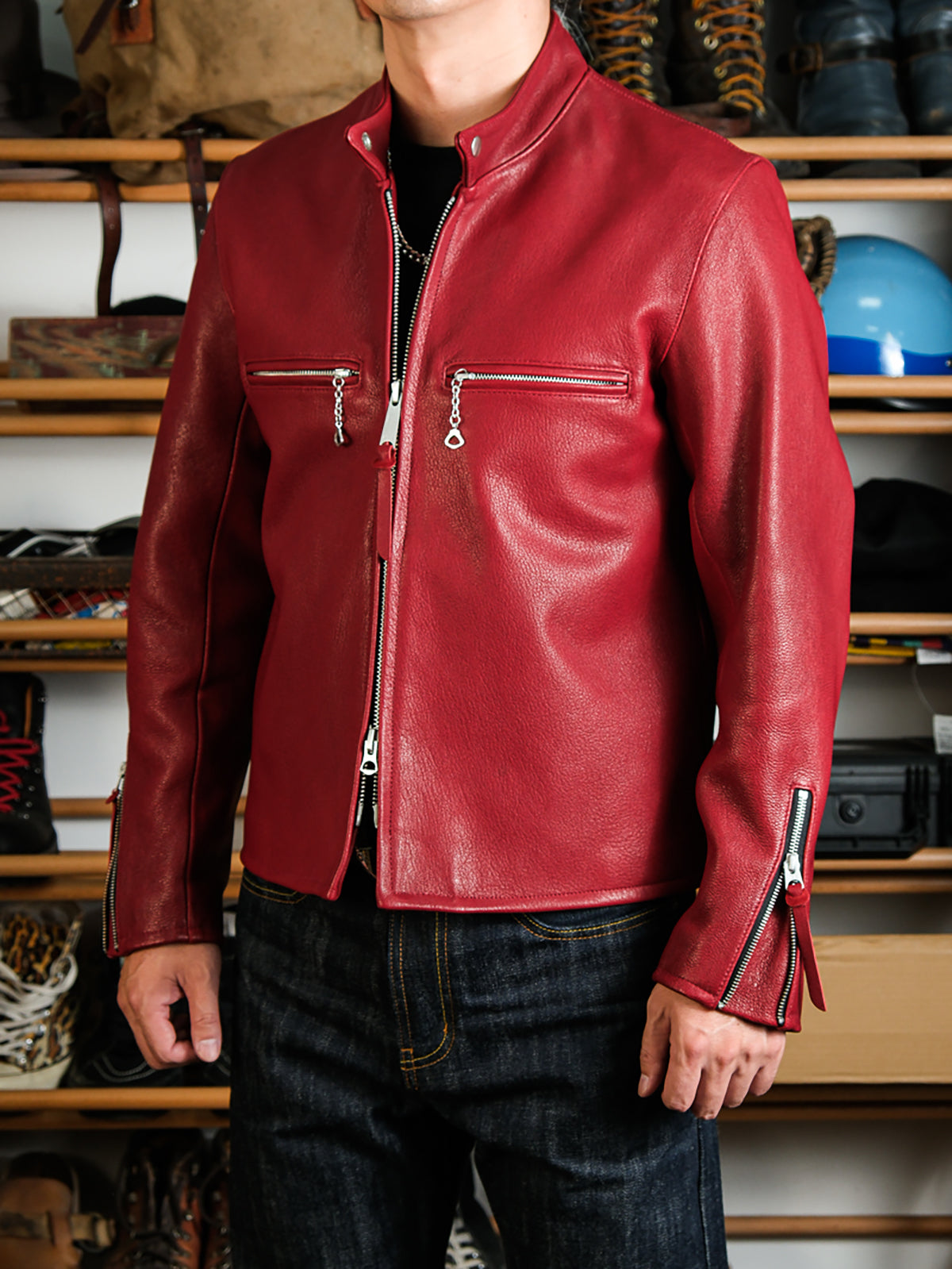 Goatskin-leather-coffee-racer-jacket_-red_-side-view-of-model.