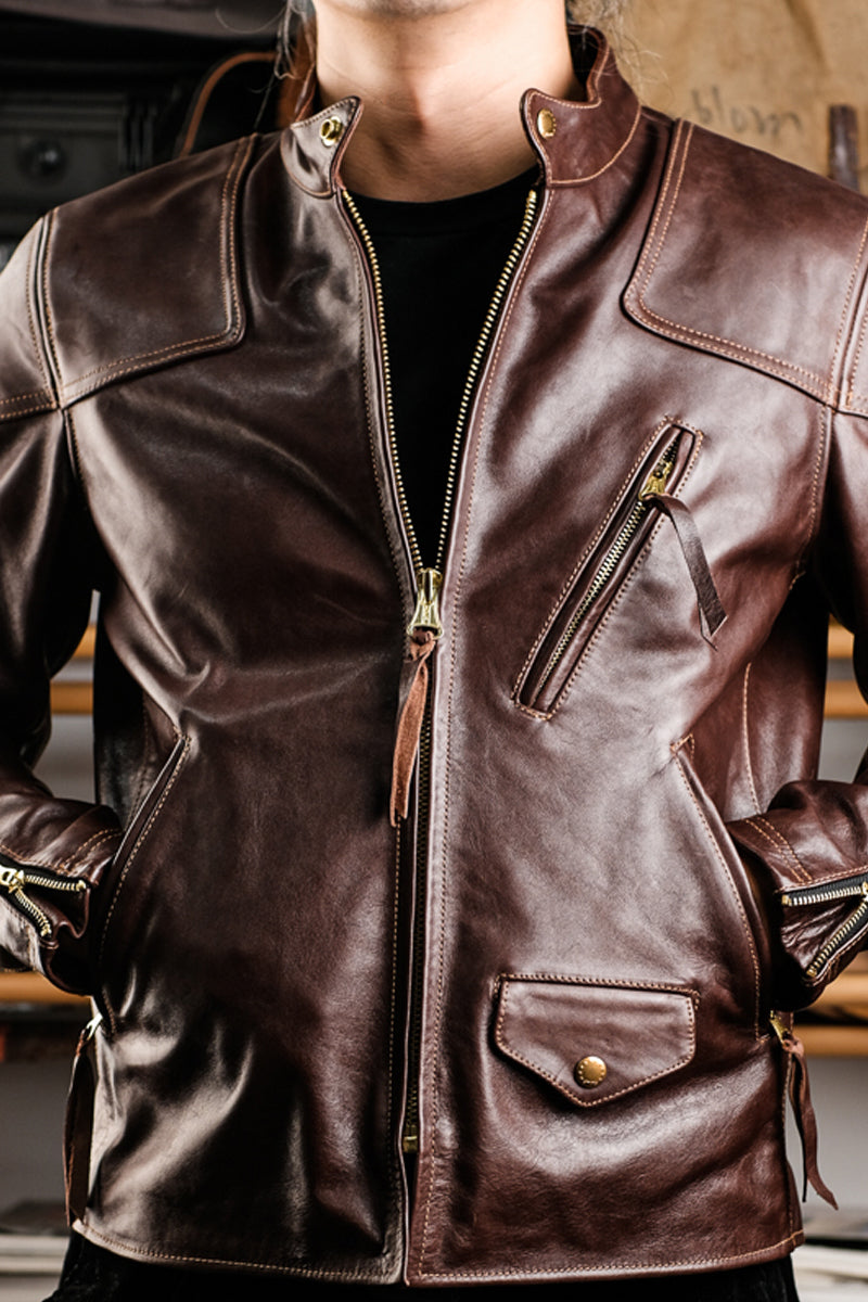 Horsehide Venom Leather Jacket Seal Brown Details 11