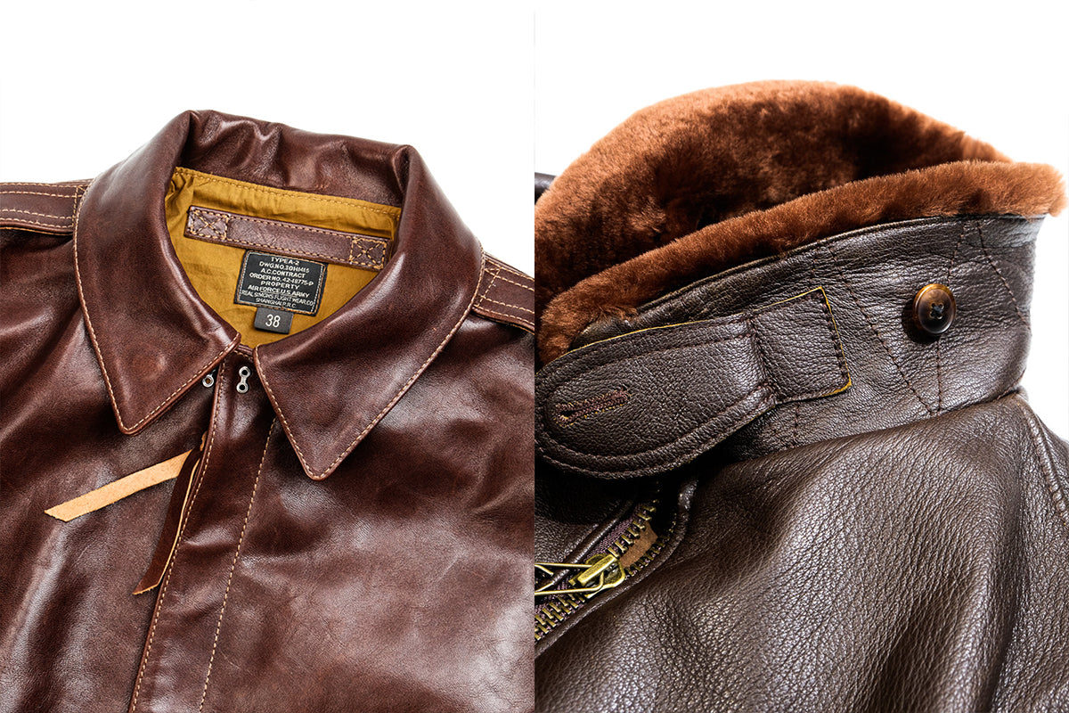 A-2 leather shirt collar vs G-1 mouton fur collar close-up