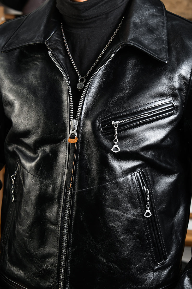 Mulholland Genuine Leather Motorcycle Jacket — Tea Core Horsehide Details