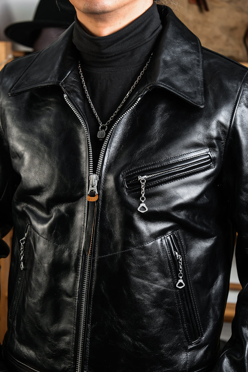 Mulholland Genuine Leather Motorcycle Jacket — Tea Core Horsehide Details 3