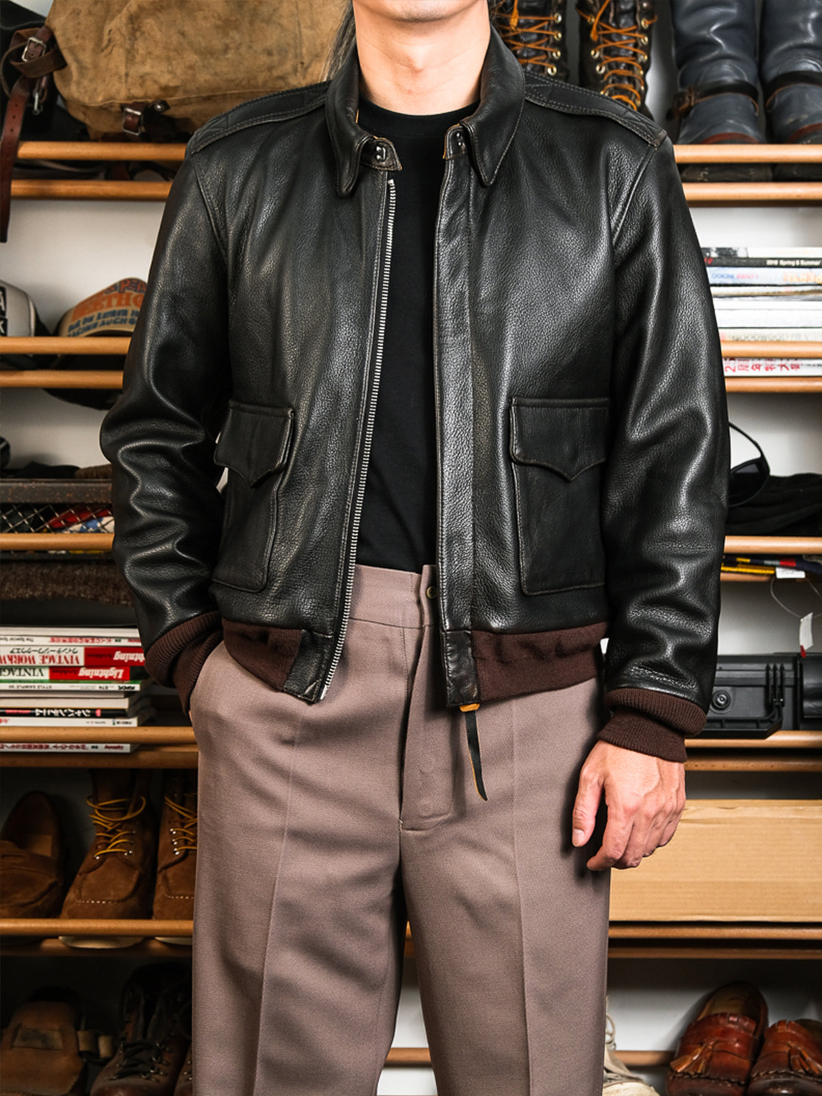 Vintage-goatskin-A2-bomber-jacket-front-view