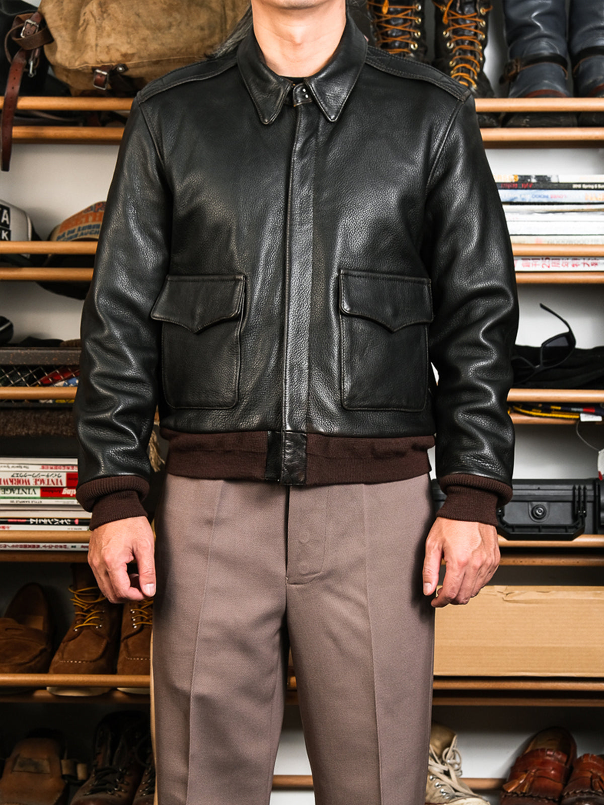 Vintage-goatskin-A2-bomber-jacket-zipper-closure-display