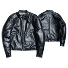 BRIXTON padded racing leather jacket in black sheepskin, front and back views with reinforced shoulders and zipped cuffs