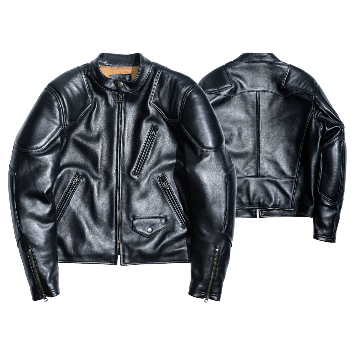 BRIXTON padded racing leather jacket in black sheepskin, front and back views with reinforced shoulders and zipped cuffs