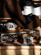 Hand engraved concho cavalry belt - Italian full grain cowhide vintage western belt with silver patina brass buckle