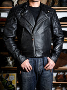 Real Simons MALLORY British Riders Jacket IMOLA in black tea-core cowhide, front view with diamond-quilted shoulders and asymmetric zipper