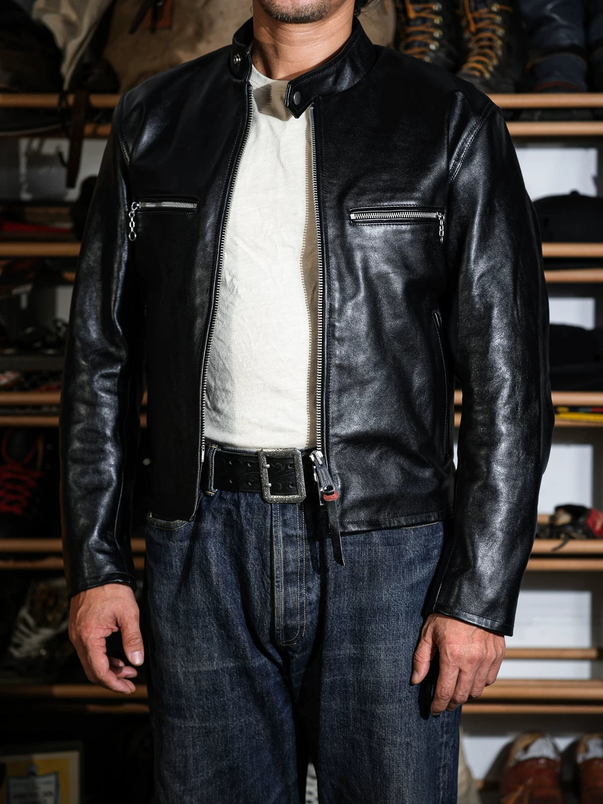 Mojave tea-core horsehide jacket front look with zipped chest pockets and belt
