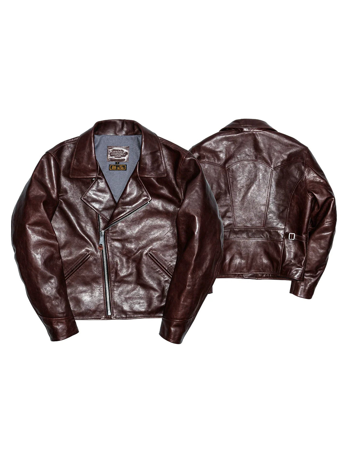 Full flat lay front and back of seal brown horsehide double-breasted aviator jacket on white