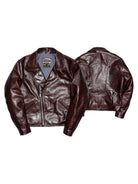 Full flat lay front and back of seal brown horsehide double-breasted aviator jacket on white