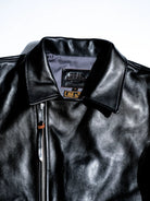 Flat lay stand collar with engraved diagonal zipper pull on black horsehide