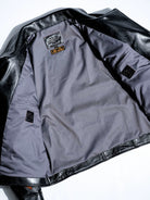 Full interior view of heavy grey TC cotton-blend twill lining with interior pockets and SS leather tabs
