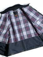 Transport jacket hardware details - MILDEX snap, IDEAL two-way zipper and tartan cotton lining