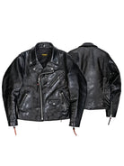 Black urban riders jacket front and back views, studio flat lay