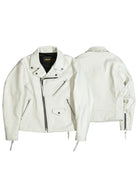 White urban riders jacket front and back views, studio flat lay
