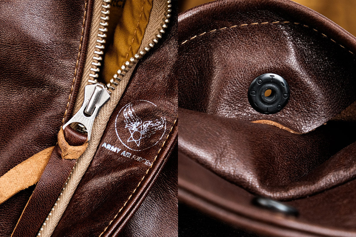 Genuine Japanese-reissued WALDES zipper on Real Simons 18775 A-2 flight jacket, vintage military specification